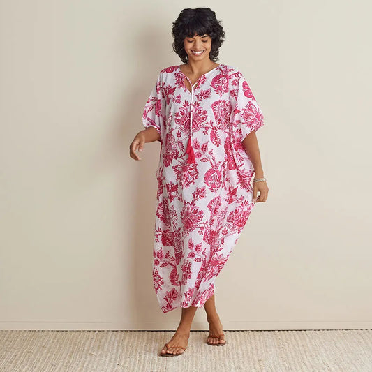 Printed Voile Women's Caftan Dress - Watercolor Floral Deep Pink, XS/S