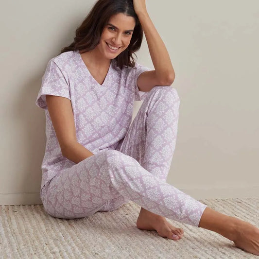 Printed Pima Cotton Women's Jogger Pants Pajama Set - Lisbon Mauve, S