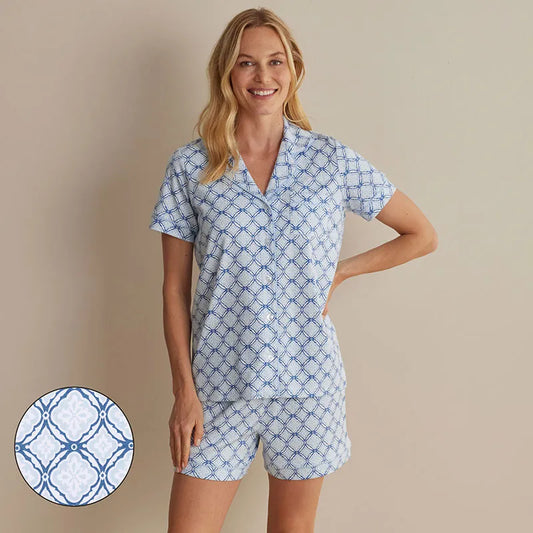 Printed Peruvian Cotton Women's Shorts Set - Mosaic Blue, XXL