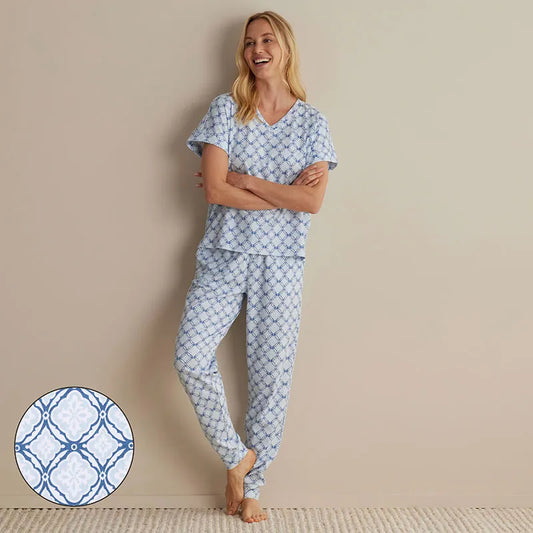 Printed Peruvian Cotton Women's Jogger Pants Pajama Set - Mosaic Blue, XXL
