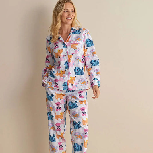 Printed Poplin Women's Button-Down Pajama Set - Colorful Dogs, XXL