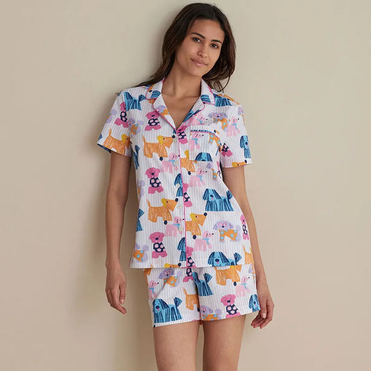 Printed Poplin Women's Shorts Set - Colorful Dogs, XXL