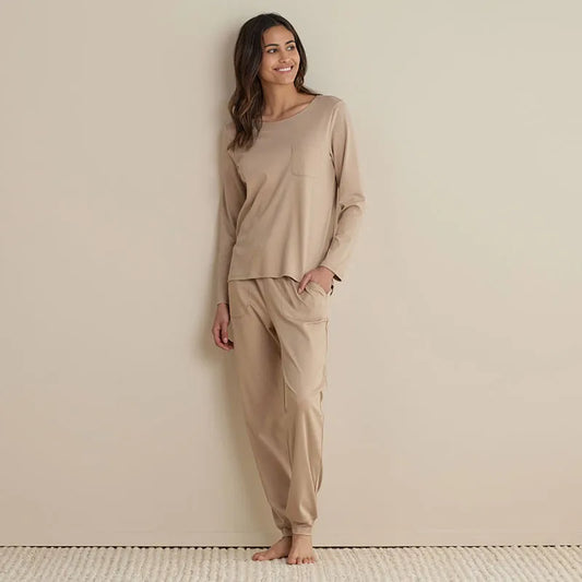 Pima Cotton Women's Jogger Pants Pajama Set - Beige Tan, XXL