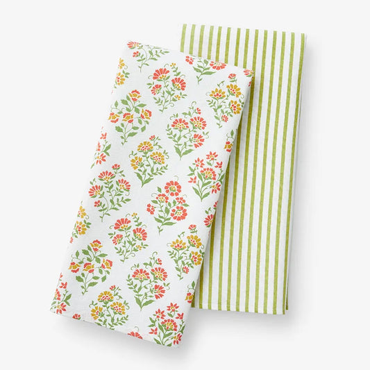 Mix & Match Printed Cotton Tea Towels, Set of 2 - Pink Green