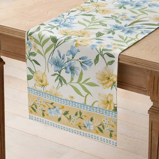 Garden Floral Cotton Table Runner - Gardenia Mist, 16 in. x 108 in.