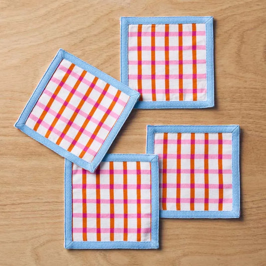 Floral Plaid Reversible Cocktail Napkins, Set of 4 - Red