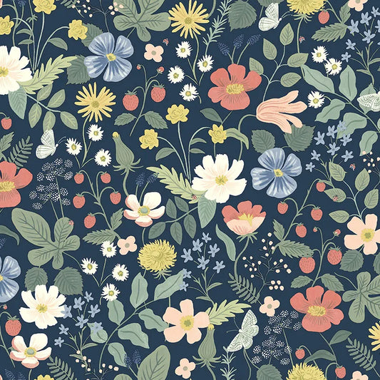 Strawberry Fields Traditional Wallpaper - Blue, Swatch