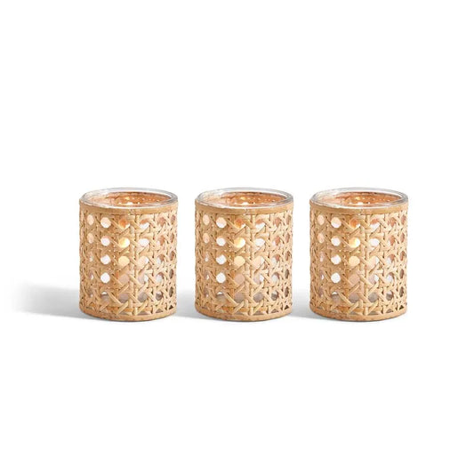 Handwoven Cane Votive Candle Holders, Set of 3 - Brown