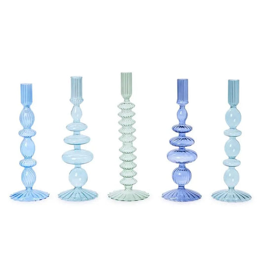 Hand-Blown Glass Taper Candlestick Candle Holders, Set of 5 - Blue