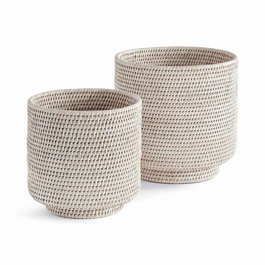 Handwoven Rattan Cachepots, Set of 2 - White