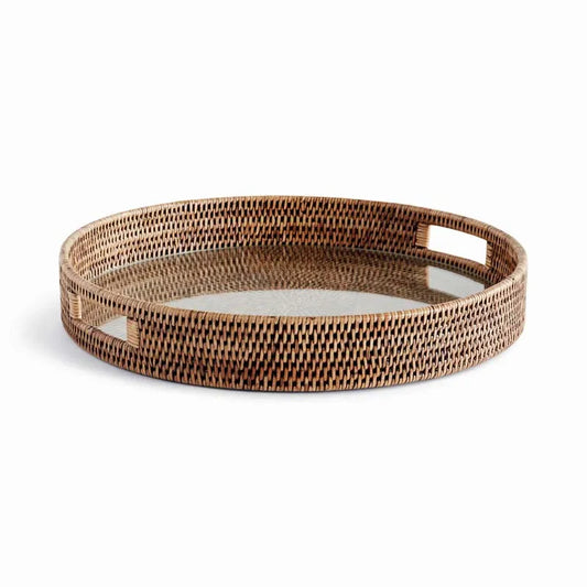 Handwoven Rattan Round Decor Tray - Brown, Medium