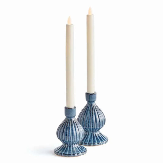 Textured Bulb Stoneware Taper Candlestick Holder, Set of 2 - Blue