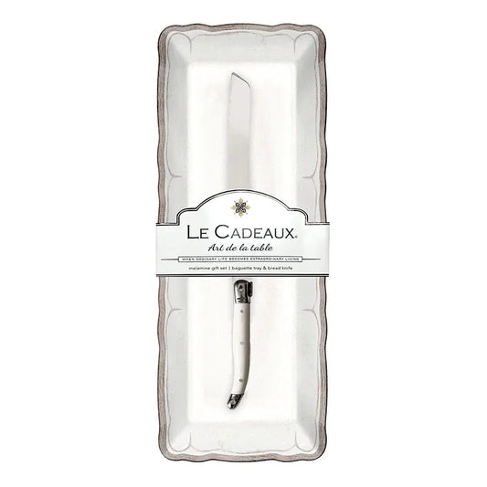 Rustica Antique White Melamine Baguette Tray with Laguiole Bread Knife - White