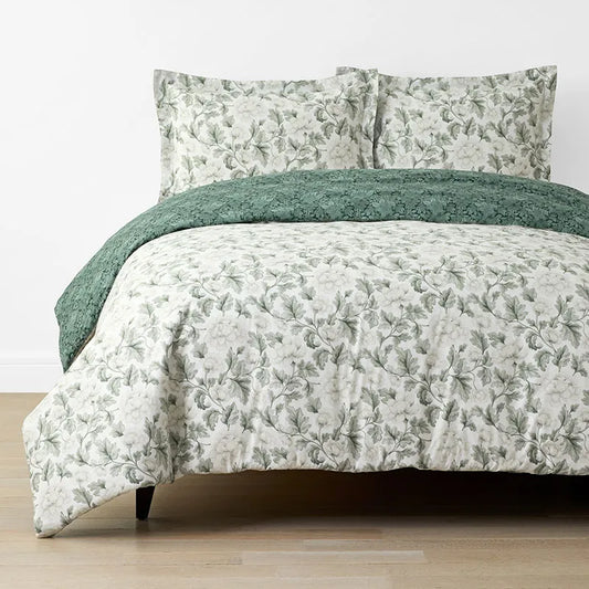 Elegant Floral Garment Washed Cotton Percale Reversible Duvet Cover Set - Green, Twin/Twin XL