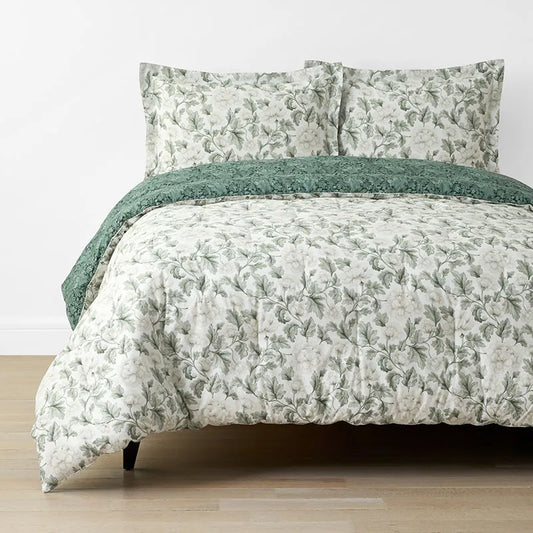 Elegant Floral Garment Washed Cotton Percale Reversible Comforter Set - Green, Twin/Twin XL