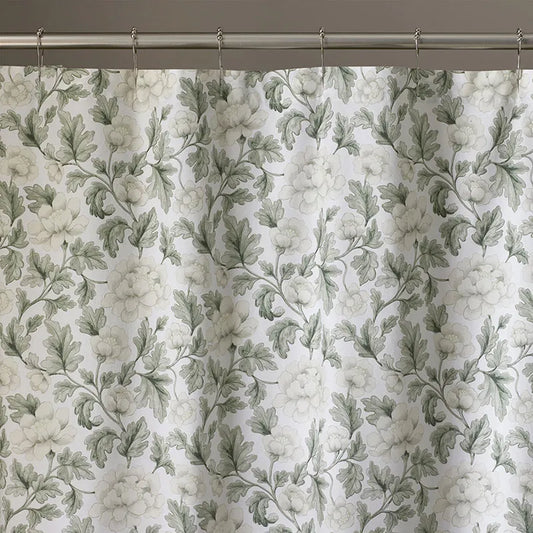 Elegant Floral Garment Washed Cotton Percale Reversible Shower Curtain - Green