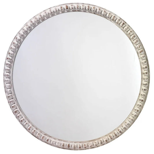 Wood Beaded Mirror - White, Round