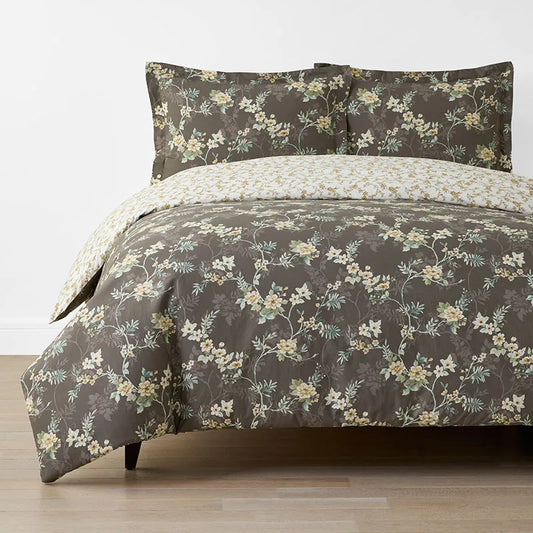Charming Floral Garment Washed Cotton Percale Reversible Duvet Cover Set - Cocoa Brown, Twin/Twin XL